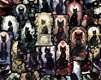 May include: A circular sticker sheet featuring a variety of black cats in different poses and settings. The cats are depicted in a whimsical, gothic style with intricate details and floral accents.