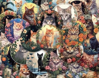 Pegatinas de gatos de jardín: Calcomanías florales de gatitos para álbumes de recortes (50 unidades)