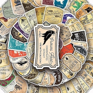 May include: A set of 50 vintage-style Halloween stickers featuring various potion labels with spooky illustrations and text. The labels include names like "Crows Foot", "Deadly Nightshade", "Witches Brew", and "Polyjuice Pot".