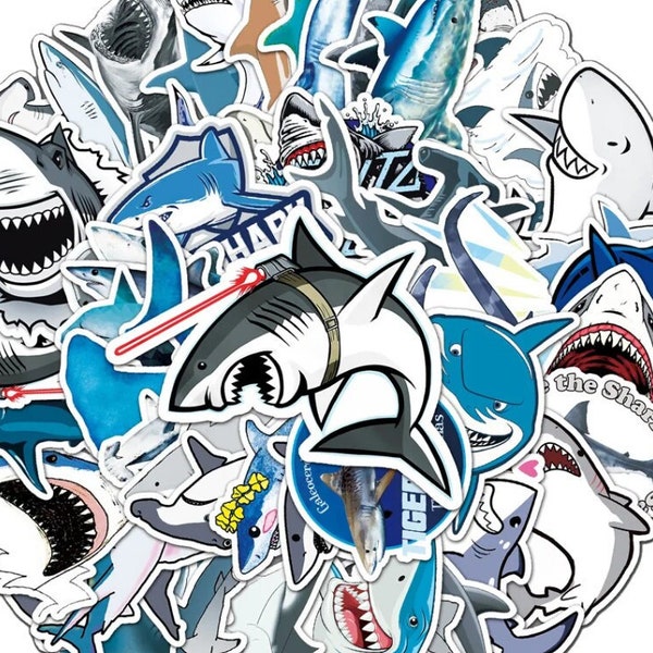 50 Pcs Shark Stickers for Shark Week Scrapbooking, Packaging- Summer Beach Decals with Great White Sharks for Decorating - Random Assortment