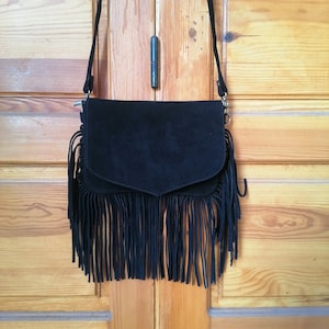 Moroccan leather bag for women, Boho bag, black leather shoulder bag, Berber leather bag, leather fringe bag, genuine leather handmade