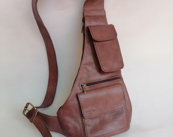 Moroccan leather chest bag, brown leather shoulder bag, men's handbag, handmade travel bag, gift for him
