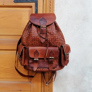 Braided leather backpack, Moroccan leather backpack, handmade unisex backpack, brown leather backpack, large size