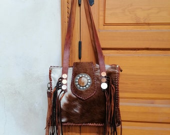 Moroccan cowhide leather handbag / cowhide bag with fringe / leather shoulder bag