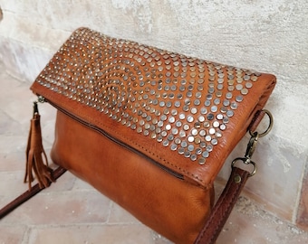 Handmade Moroccan leather bag – Boho chic shoulder bag with studded pattern | Several colors
