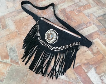 Studded leather fanny pack, genuine suede jewelry bag, genuine leather fringe bag