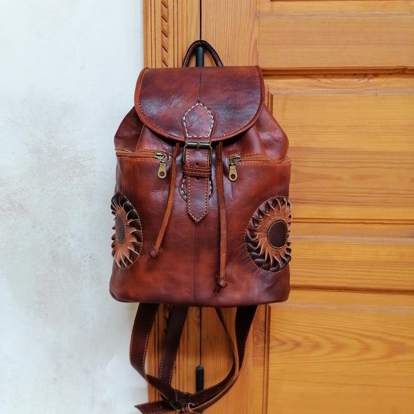 Sac à dos cuir marocain , Sac à dos unisex fait à la main, sac à dos Boho en cuir, sac à dos en cuir brun, sac à dos vintage