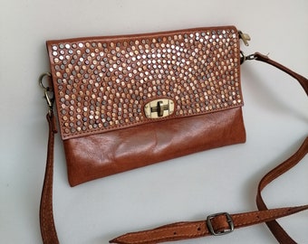 Handmade Moroccan leather bag – Boho chic shoulder bag with studded pattern | Several colors