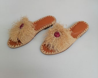 Sandalias de rafia natural, zapatos de rafia para mujer, mules de rafia hechos a mano, sandalias de verano, regalo para ella, rafia marroquí