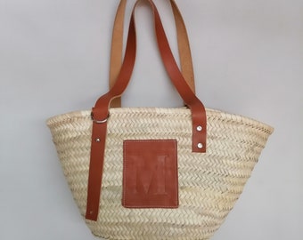 Sac en paille marocain,sac en paille personnalisé avec initiale,sac en paille avec poignées en cuir, cadeau pour femme