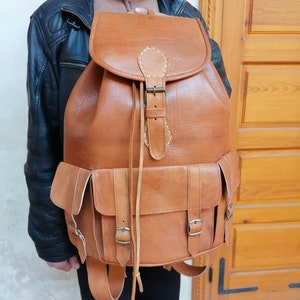 Large Moroccan Leather Backpack / Handmade Unisex Backpack / Boho Leather Backpack / Brown Leather Backpack / Size 48/38/18cm