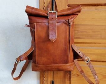 Moroccan leather backpack , Handmade unisex backpack, Boho leather backpack, Brown leather backpack, Vintage backpack