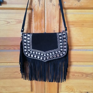 Moroccan leather bag for women, Boho bag, studded leather shoulder bag, Berber leather bag, leather fringe bag, Handmade in real leather