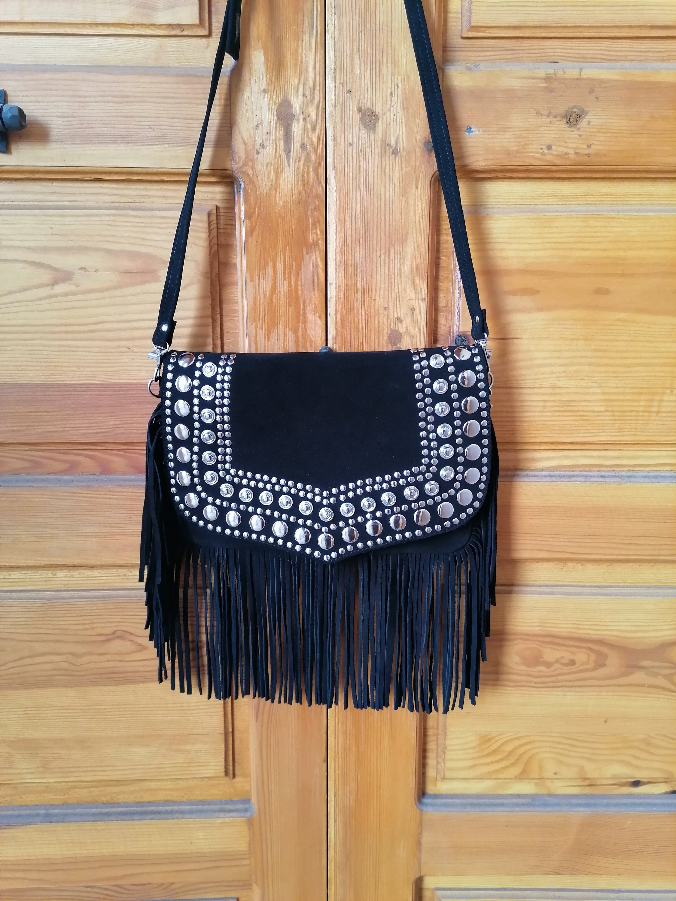 Leather Black Crossbody Purse With Fringe Etsy
