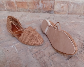 Natural raffia sandals, raffia shoes for women, handmade raffia mules, summer sandals, gift for her, 100% leather and raffia