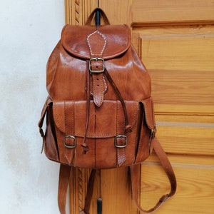 Mochila de cuero marroquí, Mochila unisex hecha a mano, Mochila de cuero Boho, Mochila de cuero marrón, Mochila vintage