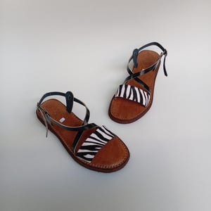 Moroccan leather sandals, Women&#39;s leather sandals, Handmade summer sandals, Gift for her, Zebra leather sandal
