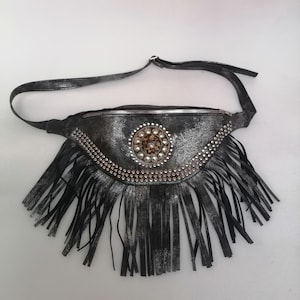 Studded Leather Fanny Pack, Metallic Suede Jewelry Bag, Genuine Leather Fringe Bag, Real Leather