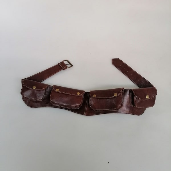 Leather utility belt, unisex pocket belt, brown leather festival belt, handmade multipocket bag