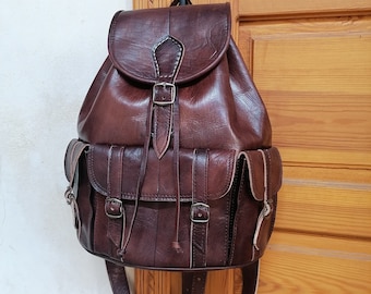 Moroccan leather backpack / Handmade unisex backpack / Boho leather backpack / Brown leather backpack / size large