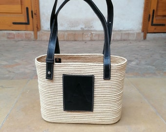 Sac en paille marocain,sac en paille personnalisé avec initiale,sac en paille avec poignées en cuir, cadeau pour femme