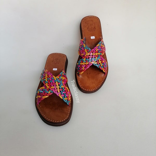 Moroccan leather sandals, Woven leather sandals for women, Handmade summer sandals, Gift for her, Colorful leather sandals