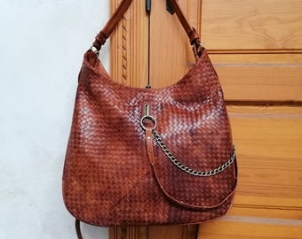 Moroccan leather bag for women, Boho bag in hand-woven leather, Berber leather bag, Leather tote, Handmade in genuine leather