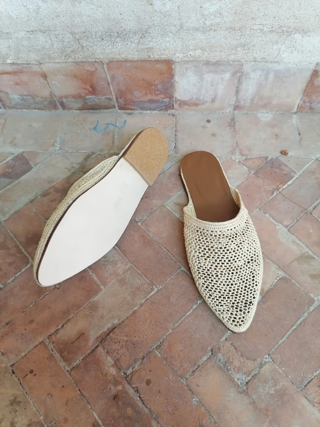 Natural Leather and Raffia Shoes, Women's Raffia Slippers