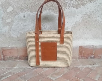 Moroccan straw bag, personalized straw bag with initial, straw bag with leather handles, gift for women