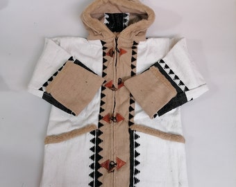 Size XL, Warm coat with wool hood, Berber wool gulab, Handmade coat, hand-woven women's and men's jacket, vintage jacket