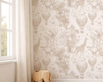Beige safaridieren toile kinderkamerbehang, kindermuurschildering olifant giraffe heteluchtballon