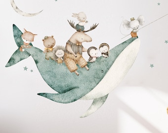 Whale Ocean Animals Nursery Wall Decal Set, Under the Sea Watercolor Fairytale Sticker
