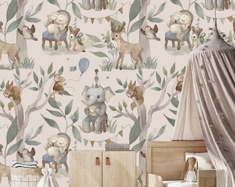 Papel pintado con diseño de bosque para guardería, papel pintado de bosque, bosque de acuarela, despegar y pegar, mural de pared extraíble para niños