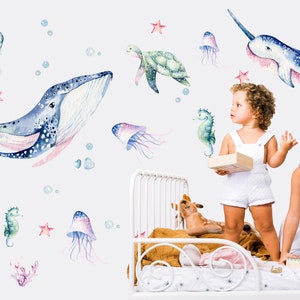 Ocean Animals Wall Decal for Kids, Watercolor Whale Decal, Undersea Kid&#39;s Wall Stickers