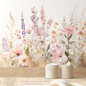 Wildflower Wallpaper, Floral Wallpaper, Nursery Kids Flower Wallpaper, Watercolor Wallpaper, Baby Girl Wall Peel and Stick Mural