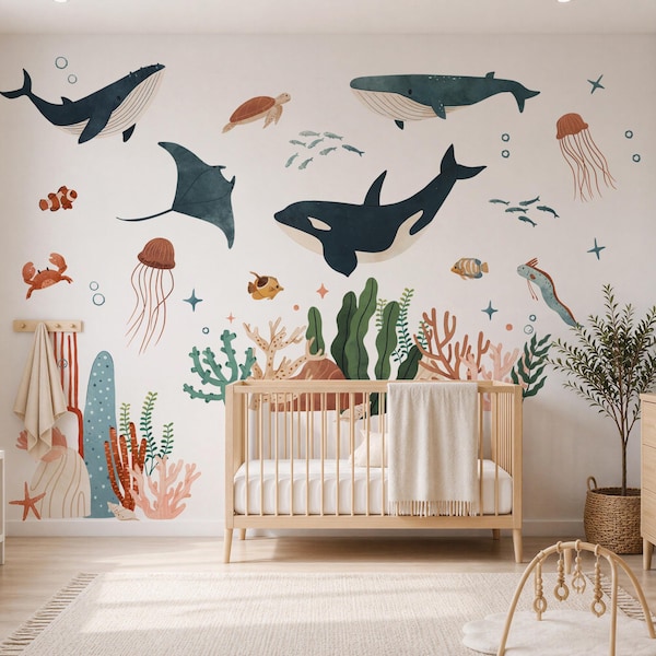Vinilos decorativos de animales marinos, pegatinas de vida marina, decoración infantil con temática submarina, arte para la pared de la habitación de los niños.