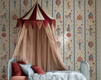 Papel pintado infantil con temática de circo, mural de pared vintage neutro para la habitación de los niños.