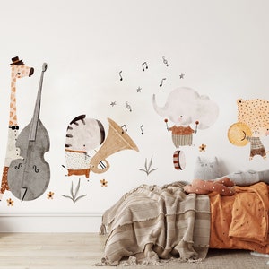 Carino Safari Animali Musica Banda Elefante Giraffa musicale Circo tema Adesivo da parete rimovibile Decorazione per la stanza