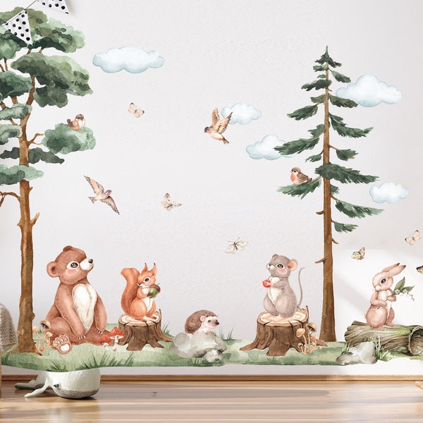 Sticker mural chambre d'enfant arbre boisé, sticker mural animaux de la forêt aquarelle, décoration murale chambre d'enfant, sticker mural forêt, sticker arbre autocollant