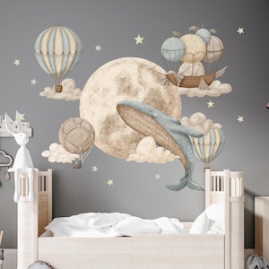 Ocean Nursery Wall Decal, Under the Sea Sticker, Watercolor Whale Moon Decal, Hot air Balloons, Nursery Wall Decal, Kids Room Decor