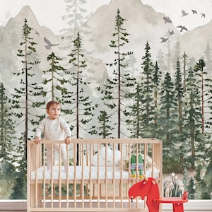 Papier peint chambre d'enfant forêt de pins, décoration murale enfant bouleau, décoration murale bois auto-adhésive