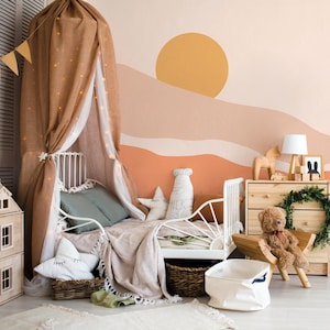 Pastel Colors Sunset and Mountains, Self Adhesive Nursery Wallpaper, Sunset Through The Mountains, Watercolor Wall Mural