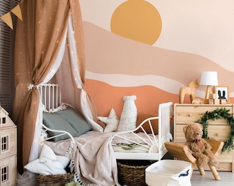 Pastel Colors Sunset and Mountains, Self Adhesive Nursery Wallpaper, Sunset Through The Mountains, Watercolor Wall Mural