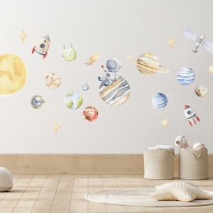 Space Decals Nursery, Space Wall Stickers, Space Wall Decal, Solar System Wall Stickers, Astronaut Rocket, Planet, Moon, and Stars Decals