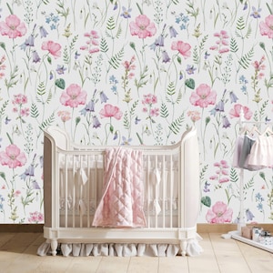 Papier peint fleurs sauvages, papier peint à fleurs pour chambre d'enfant, papier peint fleurs, papier peint botanique, décoration murale bébé fille