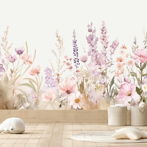 Wildflower Wallpaper, Floral Wallpaper, Nursery Kids Flower Wallpaper, Watercolor Wallpaper, Baby Girl Wall Peel and Stick Mural