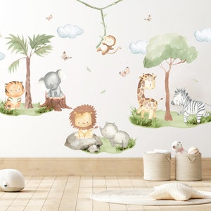 Safari Baby Animals Watercolor Wall Decal, Nursery Mural, Cute Lion, Elephant Wall Sticker, Removable