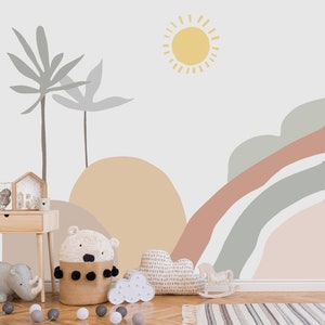 Boho Kids Wallpaper Peel and Stick  , Nursery Sun Mountains Wall Mural , Removable ,Self Adhesive or Pre-Pasted