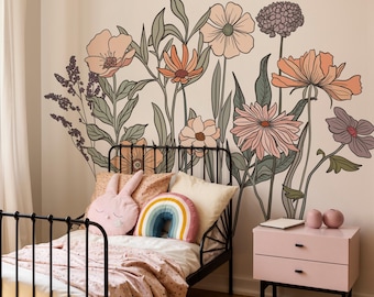 Wildflower Wall Decal Border, Boho Floral Nursery Decor, Flower Wall Stickers for Kids Room