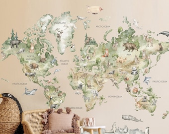 World Map Decal, Kids Animal World Map, World Map Decal Kids, Nursery Removable Wall Decal